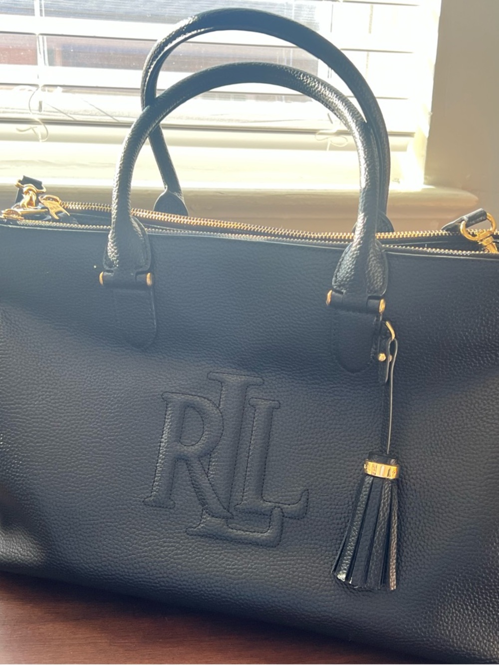 Ralph Lauren Black Pebbled Leather Satchel with Tassel Charm